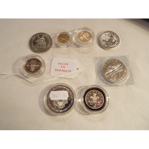 171 - A mixed selection of proof coins to include 1oz five silver USA dollar, Britannia x2, £2 proof coin ... 