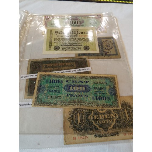 139 - A selection of WWII banknotes in 7 sleeves to include Hungary, Pengo, Russian, Red Army, French, Ger... 