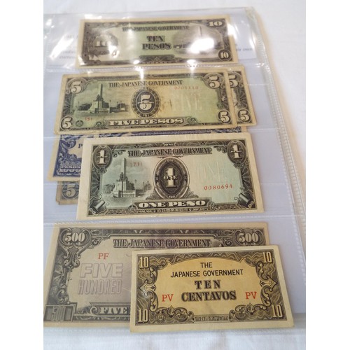 141 - A selection of Wartime banknotes in 6 sleeves to include Philippines, Japan etc