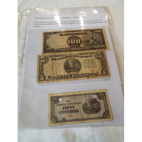 141 - A selection of Wartime banknotes in 6 sleeves to include Philippines, Japan etc