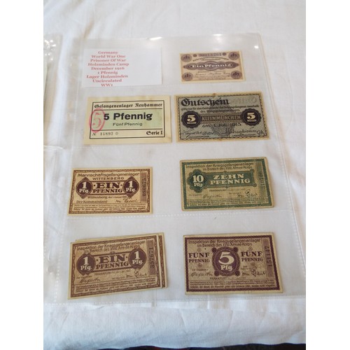 143 - A selection of WWII banknotes in 6 sleeves to include Poland, German camp money, Yugoslavia, Krakow ... 