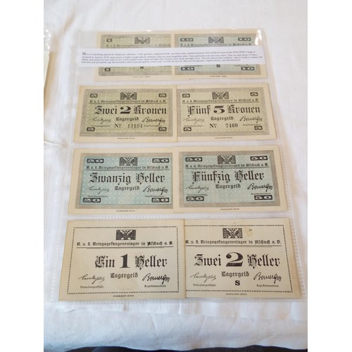 143 - A selection of WWII banknotes in 6 sleeves to include Poland, German camp money, Yugoslavia, Krakow ... 