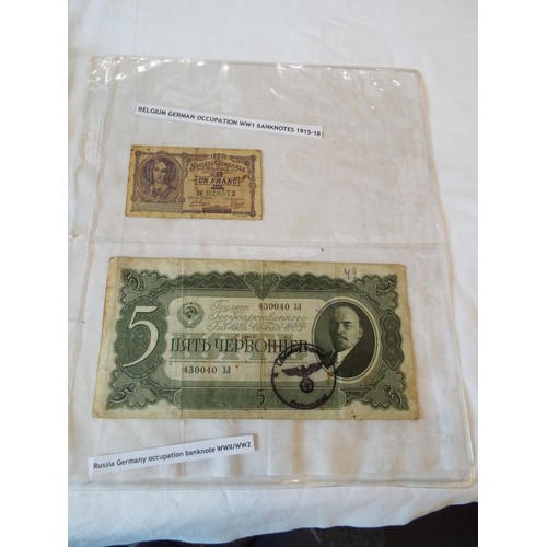 144 - A selection of Wartime banknotes in 6 sleeves to include Lithuania, Latvia, Macedonia, Belgium, Russ... 