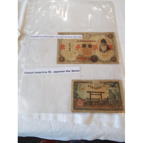 145 - Five plastic sleeves of WWII Japanese military issue banknotes to include 5, 10, French Indonesian w... 