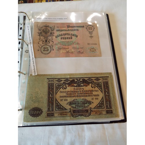 149 - An album of WWII banknotes to include Russian Civil war 1909 State Credit note, Alexander III Credit... 