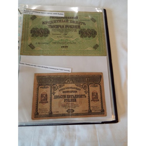 149 - An album of WWII banknotes to include Russian Civil war 1909 State Credit note, Alexander III Credit... 