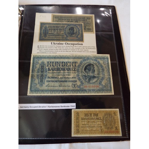 149 - An album of WWII banknotes to include Russian Civil war 1909 State Credit note, Alexander III Credit... 