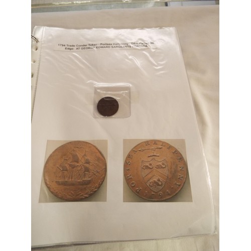 168 - An album containing tokens, half penny tokens from 1700's to 1800 all with paperwork to include Port... 