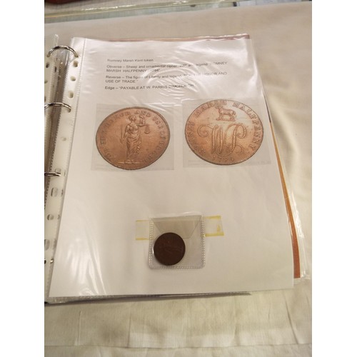 168 - An album containing tokens, half penny tokens from 1700's to 1800 all with paperwork to include Port... 