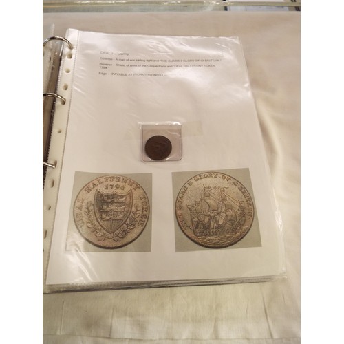 168 - An album containing tokens, half penny tokens from 1700's to 1800 all with paperwork to include Port... 