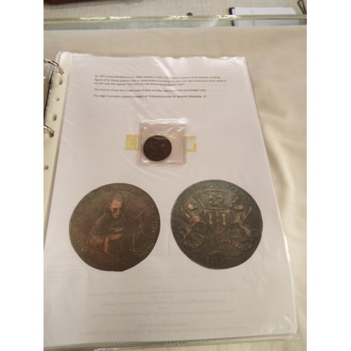 168 - An album containing tokens, half penny tokens from 1700's to 1800 all with paperwork to include Port... 