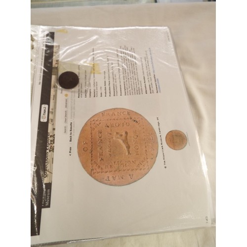 168 - An album containing tokens, half penny tokens from 1700's to 1800 all with paperwork to include Port... 