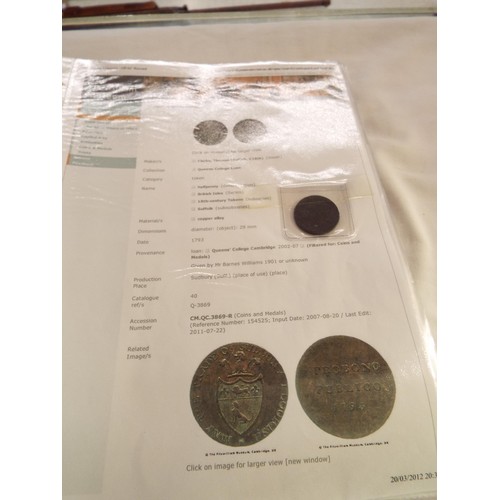 168 - An album containing tokens, half penny tokens from 1700's to 1800 all with paperwork to include Port... 