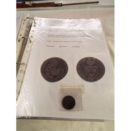 168 - An album containing tokens, half penny tokens from 1700's to 1800 all with paperwork to include Port... 