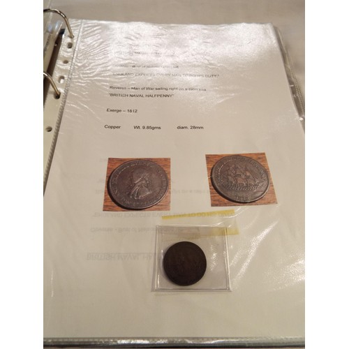 168 - An album containing tokens, half penny tokens from 1700's to 1800 all with paperwork to include Port... 