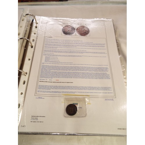 168 - An album containing tokens, half penny tokens from 1700's to 1800 all with paperwork to include Port... 