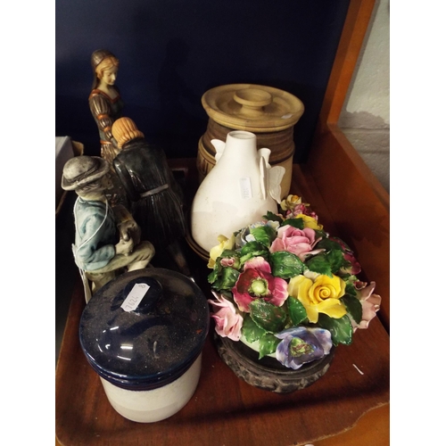 130 - A mixed selection to include figural group on marble base, posy's, stone-ware jar etc