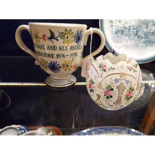 21 - A Rye pottery loving cup, St Michael and All Angels Maidstone 1876-1976 together with a Victorian gl... 