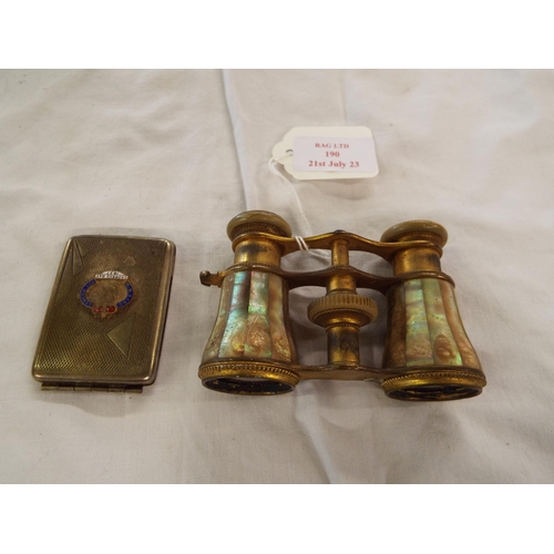 190 - A pair of vintage mother of pearl opera glasses together with a white metal Vesta case