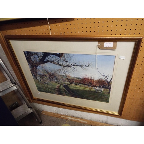 499 - Adrian Goodhall watercolour landscape with sheep near Rye details verso signed lower left