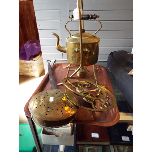 594 - A brass spirit kettle, chestnut roaster and two fireside irons