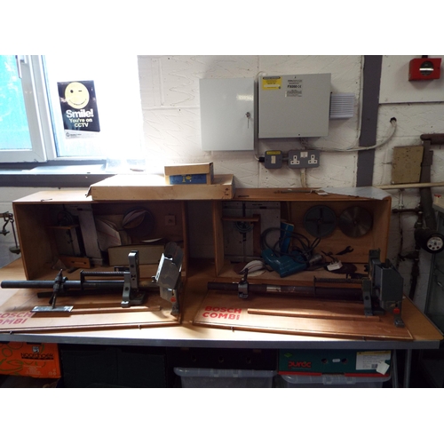 596 - Two vintage Bosch Combi Universal workbenches (lathe, saw bench, drill stand, sanding board) plus a ... 