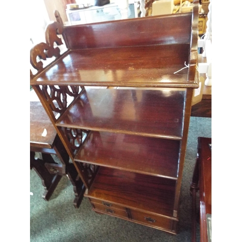 607 - A set of standing mahogany display shelves with three small drawers