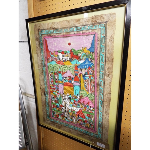 510 - A framed and glazed Indian coloured painting of a celebration with people, animals and buildings