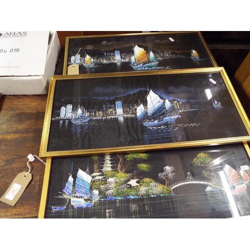 524 - Three framed painting on silk depicting Oriental Harbour scenes