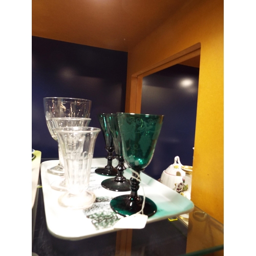 60 - A mixed selection of assorted vintage glasses to include a large Rummer, three green wine glasses an... 