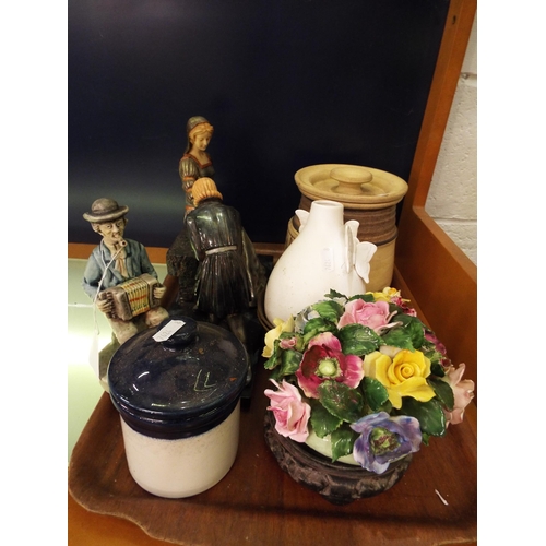 131 - A mixed selection to include figural group on marble base, posy's, stone-ware jar etc