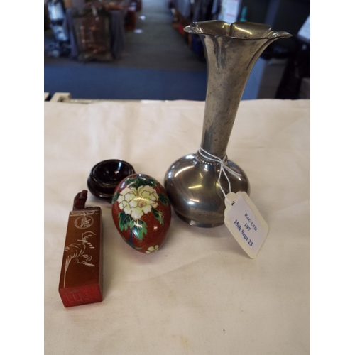 197 - A Norwegian pewter vase, a Chinese cloisonné egg and a carved Chinese seal