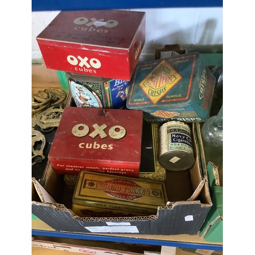 358 - A selection of vintage tins to include OXO, Gold Flake, Smiths crisps