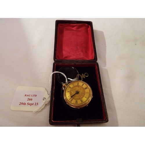 266 - An 18ct gold ladies fob watch with engraved dial Roman numerals