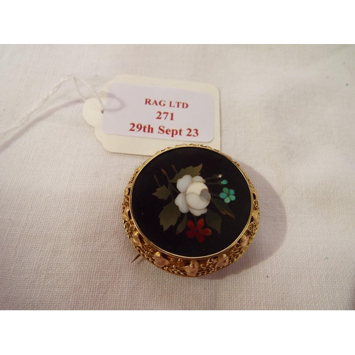 271 - A vintage gold brooch having Italian micro mosaic floral decoration A/F