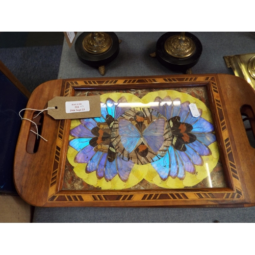 324 - Two vintage inlaid trays having butterfly wing decoration