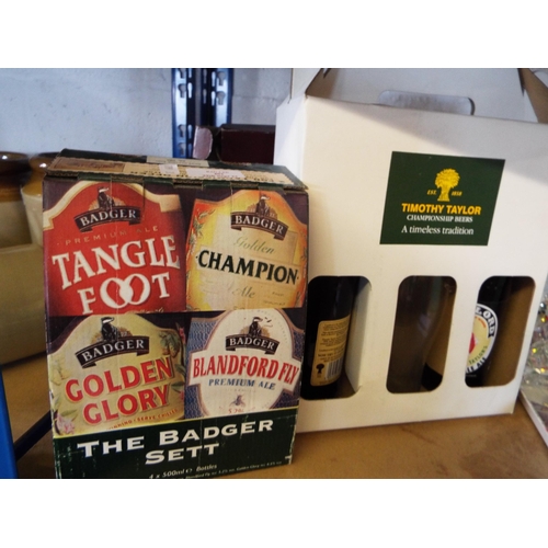 402 - Four Hall and Woodhouse beers, 2 Timothy Taylor beers with glass, 2 Hook Norton beer bottles with gl... 