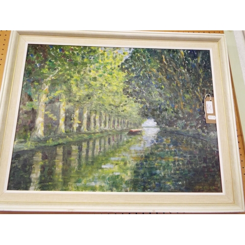 472 - A framed oil painting on board of a French river scene, signed lower right