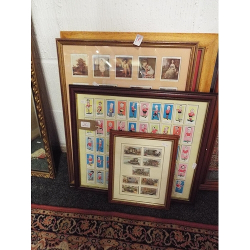 500 - Four framed sets of cigarette cards to include Wills, Welsh rugby players in caricature pose etc