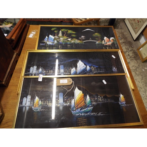 504 - Three framed painting on silk depicting Oriental Harbour scenes