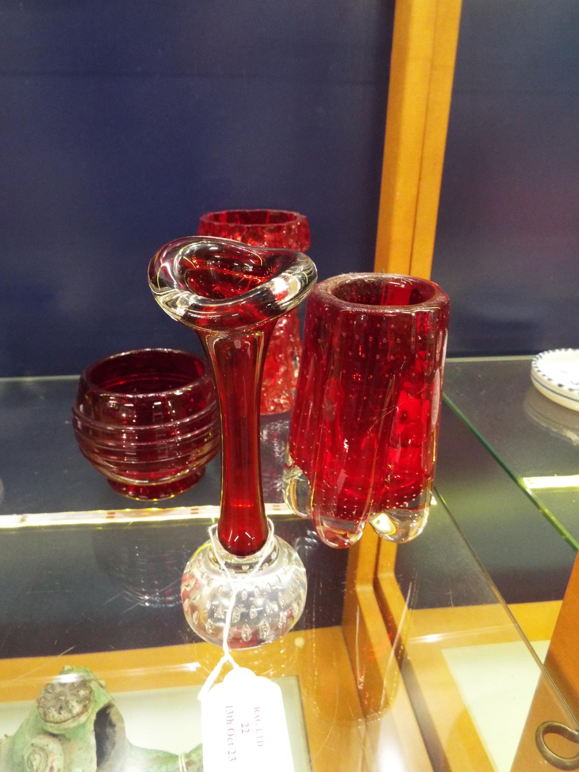 Four Whitefriars Ruby Red Glass Vases 5924