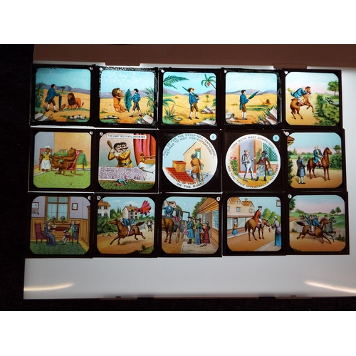 252 - A box of forty nine magic lantern slides to include Jack and the Beanstalk, Nursery Rhymes and Comic... 