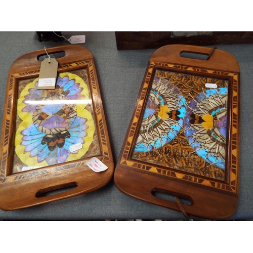 276 - Two vintage inlaid trays having butterfly wing decoration