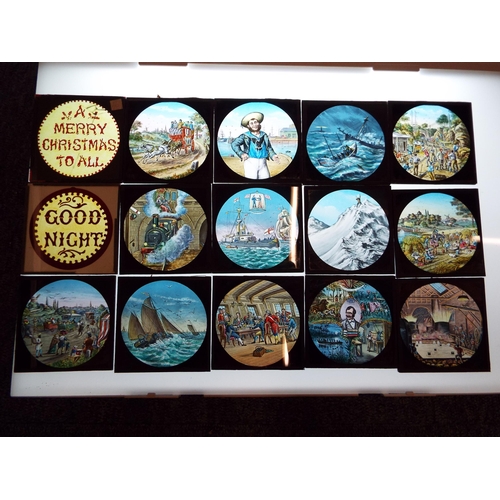 277 - A box of thirty one magic lantern slides to include Railway Building, Printing Press, Captain Webb S... 