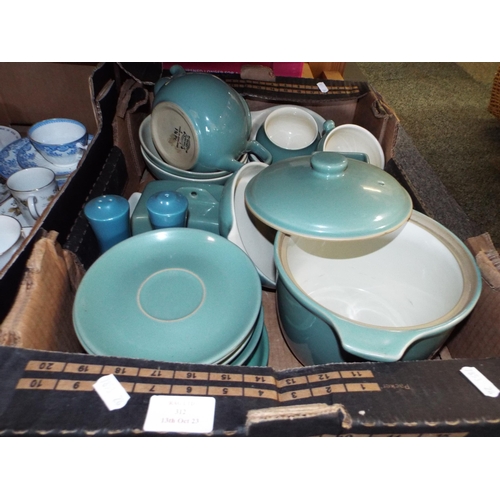 312 - A selection of Denby green glazed table-ware to include tureen, bowls, salt and pepper, butter dish