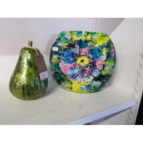 340 - A hand-painted Debbie Hughes studio art vase and colourful ceramic pear