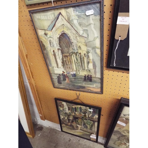 388 - Two framed watercolours depicting a cathedral scene and a courtyard scene