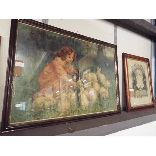 392 - A vintage framed and glazed Pears print depicting a girl with rabbits