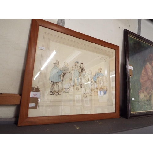 393 - A watercolour of a group of men drinking, signed top right