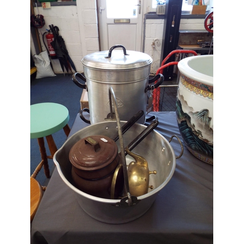 481 - A vintage Teka Safter steamer together with a metal jam pan, two enamel pots and a brass pot